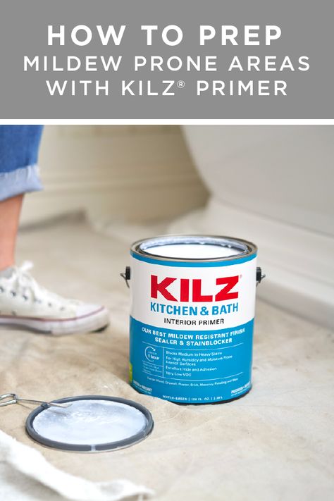 You’ve picked out the perfect paint color. Now it’s time to prep your walls to protect your brand new paint job with KILZⓇ KITCHEN & BATH Interior Primer. Before you even start painting, add a coat of primer to protect your home against mildew damage, staining, previous colors, and more. Click below to learn how to prep mildew-prone areas like a pro. Kilz Paint, Kilz Primer, Water Based Primer, Baths Interior, Best Primer, Start Painting, Tuscan Design, Dark Interiors, Diy Home Improvement