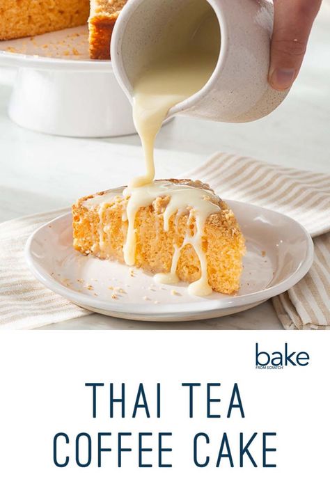 A rich, orange-colored beverage made from strongly brewed black tea served over a tall glass of ice, Thai tea often gets its creamy taste and alluring ombré appearance from sweetened condensed milk. We’ve put a spin on this popular drink, creating a cake for any occasion, by using fragrant Thai tea to flavor the delicate batter. With a crunchy spiced streusel and a final drizzle of sweetened condensed milk, Thai tea lovers will be trading in their straws for a fork. Thai Tea Cake, Thai Milk Tea, Magazine Recipes, Small Microwave, Popular Drinks, Thai Tea, Tea Lovers, Sweetened Condensed Milk, Food Magazine