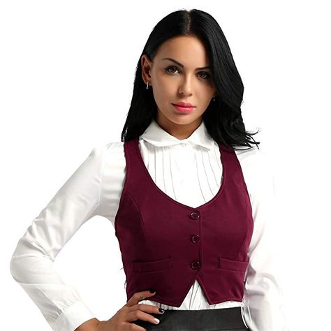 CHICTRY Women's V Neck Waiter Bartender Uniform Button Vest Dressy Waistcoat Wine Red Small at Amazon Women’s Clothing store Bartender Uniform, Button Vest, Slim Fit Blazer, Suit Waistcoat, Tuxedo Suit, Women Formals, Sleeveless Jacket, Vest Shirt, Suit Vest