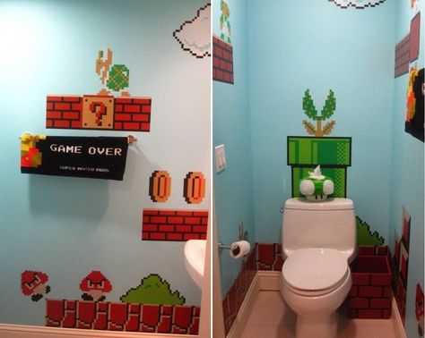 26 nerdy home designs for serious geeks Nerdy Bathroom, Trendy Bathroom Ideas, Fun Kids Bathroom Ideas, Kids Bathroom Ideas, Super Mario Room, Fun Kids Bathroom, Mario Room, Nerd Room, Living Room Murals