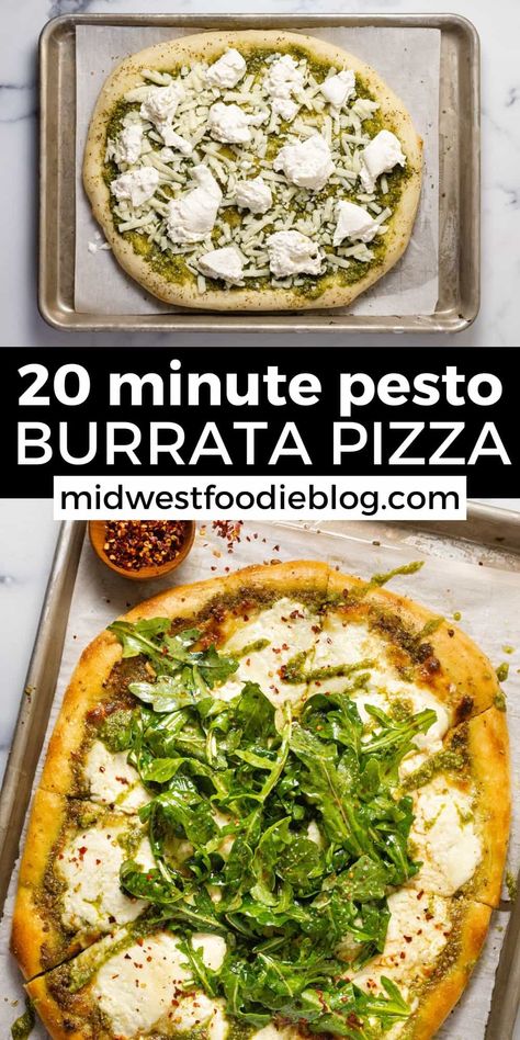 This easy pesto and burrata pizza will quickly become a family favorite, especially because it takes just 20 minutes to throw together! Switch up pizza night this week by rotating in this simple combination made with basil pesto and creamy burrata. Burrata Recipe Pizza, Pesto Burrata Pizza, Pizza Recipes Burrata, Buratta Pizza Recipes, Pizza With Burrata Cheese, Burrata Pizza Recipe, Pesto And Burrata, Pesto Burrata, Pesto Pizza Recipe