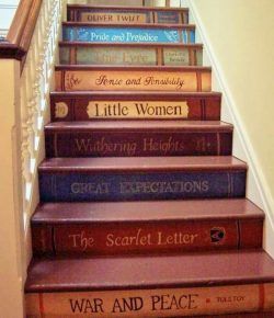 Book Staircase Design – Your Projects@OBN Stairs Painted Like Books, Black Painted Stairs, Book Staircase, Stairs Painted, Book Stairs, Stair Art, Painted Staircases, Painted Stairs, Wooden Stairs