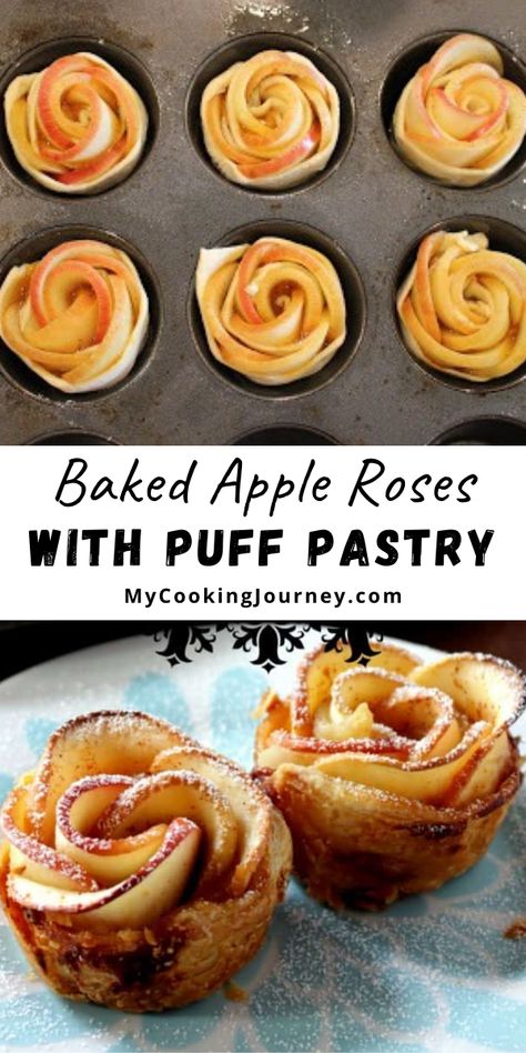 Apple Rose Puff Pastry Recipes, Easy Fruit Puff Pastry, Rose Apple Pastry, Apple Roses Puff Pastry Cream Cheese, Apple Rose Tartlets, Fancy Puff Pastry Desserts, Valentines Puff Pastry, Puff Pastry Tea Party, Baked Apple Roses Puff Pastries