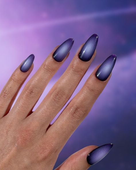 Cosmos - Onyx with Galactic Lilac Core A dark vignette surrounds cosmic purple shades.  Designed by Jas (@jasgotbars) Choose your preferred nail shape and length! Order Details CUSTOM SIZED. 7-15 day lead time (from the time we receive customer sizes). Lead times can vary due to seasonal traffic and shipping delays. Ne Cosmos Nails, Nail Shape And Length, Alcohol Cleanse, Dark Purple Nails, Lilac Nails, Purple Nail Designs, Purple Shades, Cleansing Pads, Nail Length