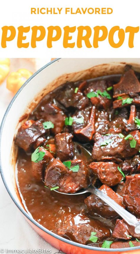 Pepperpot - Immaculate Bites Caribbean Lamb Recipes, Guyana Food Recipes, Guyanese Christmas Recipes, Pepperpot Guyanese, Guyanese Recipes Guyana Food, Carribean Food Recipes, Pepperpot Soup, Pepperpot Stew, West Indian Recipes