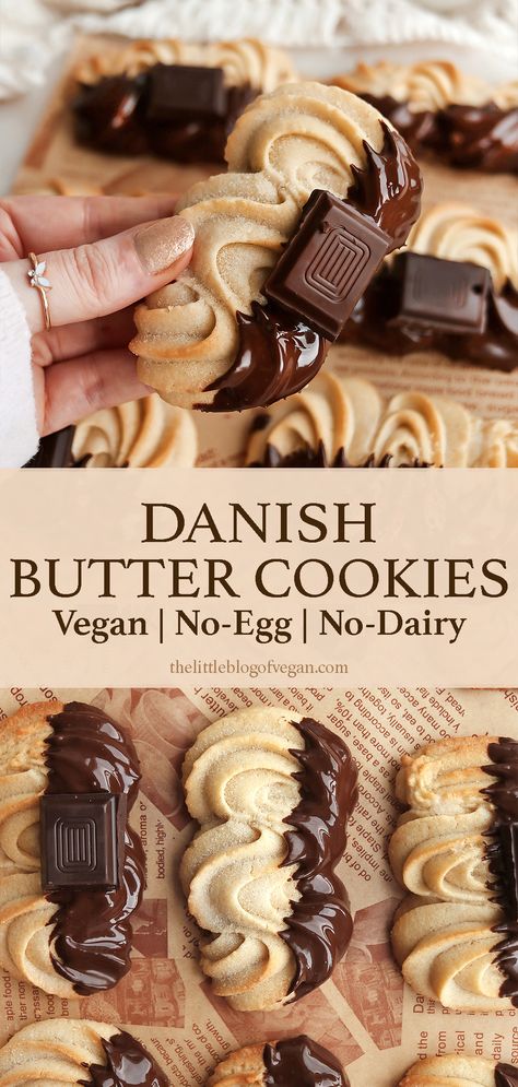 Tall pinterest pin of vegan danish butter cookies. Dairy Free Holiday Cookies, Gluten Free Dairy Free Vegan Desserts, Vegan Pastry Recipes, Vegan Danish, Vegan Christmas Desserts, Cultural Foods, Ms Recipes, Vegan Christmas Cookies, Danish Butter Cookies