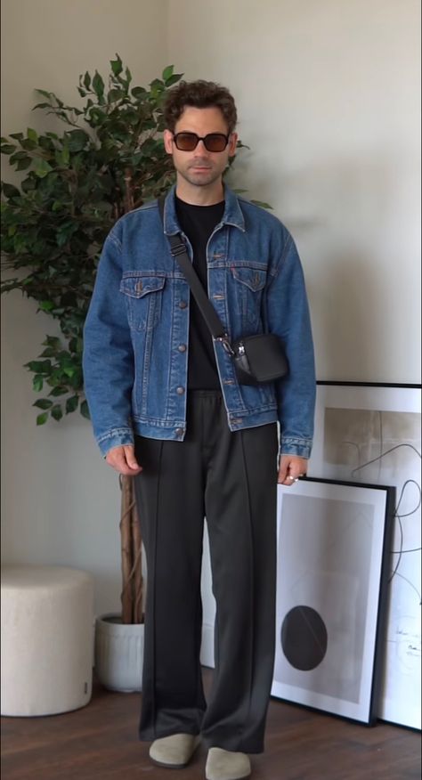 Denim Overshirt Men Outfit, Work Jacket Outfit Men Streetwear, Mens Denim Jacket Outfit Street Styles, Jean Jacket Men Outfit, Navy Outfit Men, Denim Jacket Outfit Mens, Denim Jacket Men Outfit, Minimalist Fashion Men, Denim Jacket Outfit