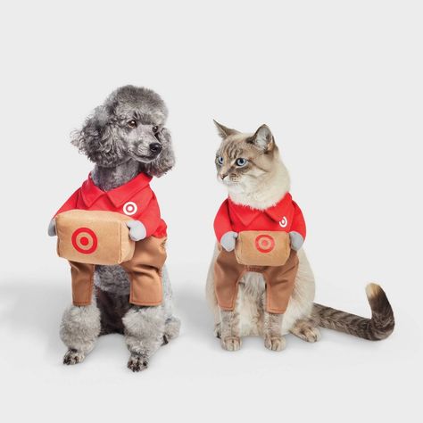 Show off your love for Target by dressing your pet in the Halloween Target Delivery Dog and Cat Frontal Costume from Hyde & EEK! Boutique™ for Halloween. This red frontal costume showcases a delivery body outfit with parcel in hand, both featuring the bullseye logo. Tailored with soft fabric for comfortable wear, this pet costume is easy to secure around their neck and chest. Hyde & EEK! Boutique™: Thrilling delights. Curious oddities. Target Halloween Costume, Easy Dog Costumes, Red Frontal, Cat Halloween Costume Pet, Halloween Target, Target Dog, Target Halloween, Cat Tanks, Cat Halloween Costume