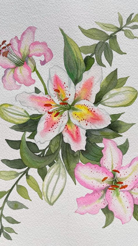 Lillys Flowers Drawing, Lilies Flower Drawing, Flower Sketchbook Cover, Drawing Lillies Flowers, Flower Painting With Watercolors, Lily Flower Doodle, One Flower Painting, Lilies Watercolor Painting, Lily Flower Painting Easy