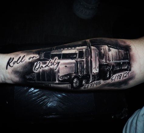 Memorial piece Truck Driver Memorial Tattoo, Truck Driving Tattoo Ideas, Semi Truck Memorial Tattoo, Semi Truck Tattoo For Women, Trucker Tattoo Ideas Semi Trucks, Trucker Memorial Tattoos, Peterbilt Tattoo, Truck Driver Tattoo Ideas, Trucker Tattoo Ideas