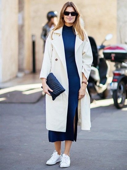 Witte gympen/ sneakers combineren met een lange/ midi jurk. Erica Davies, Brittany Bathgate, Rok Outfit, Pencil Skirt Casual, 2016 Fashion Trends, Cecilie Bahnsen, Street Style Blog, Color Pairing, Trending Sneakers