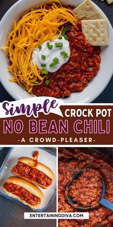 No Bean Turkey Chili, Chili Beans Crockpot, No Bean Chili Recipe, Football Party Menu, Beans Recipe Crockpot, Crockpot Chili Recipe, Turkey Chili Crockpot, Beans In Crockpot, Ground Beef Chili