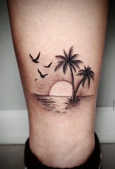 Strand Tattoo, Foot Tattoo Designs, Beach Inspired Tattoos, Beach Tattoo Ideas, Small Beach Tattoos, Beachy Tattoos, A Tattoo Design, Sunset Tattoos, Palm Tattoos