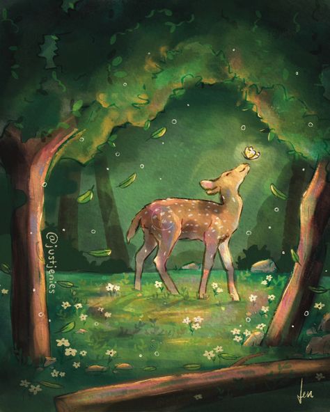 05 | Fawn 🌿💕✨️ I feel like I'm experimenting a lot more this Peachtober and I'm so ready for the rest of the month. I absolutely loved drawing this magical encounter between fawn and butterfly in the depths of a forest. ✏️ Digital art made with @procreate #peachtober24fawn #peachtober24 #peachtober @peachtober #digitalart whimsicalart #illustrationartists #drawdaily #modernartwork #bambi #magicalart #artnature #forestart #procreate #animalart #fawn Forest And Animals Drawing, Magical Forest Drawing, Forest Drawing With Animals, Skateboard Painting, Art Poses Reference, Forest Digital Art, Loved Drawing, Forest Drawing, Deer Drawing