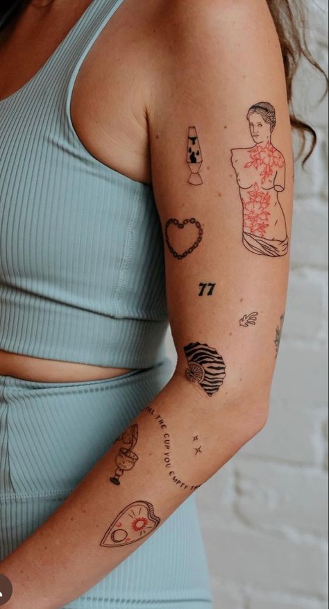 Female Patchwork Tattoo Sleeve, Women Patch Work Sleeve Tattoo, Many Tattoos On Arm, Micro Patchwork Tattoos, Line Work Patchwork Tattoos, Filler Tattoos Women, Eclectic Tattoo Sleeve, Patchwork Fine Line Tattoo Sleeve, Sticker Tattoo Sleeve Women