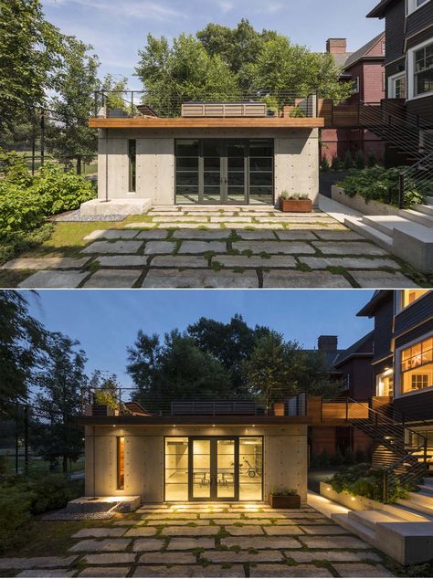 Dining Area With Bench, Garage With Rooftop Deck, Greenhouse Attached To House, Custom Hot Tubs, Concrete Garage, Concrete Retaining Walls, Garage Roof, Unique Floor Plans, Backyard House