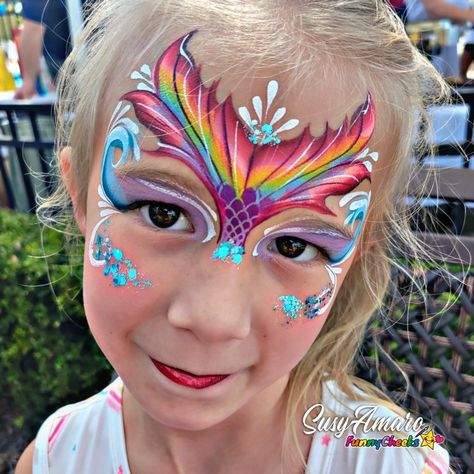 Face Paint Mermaid, Mermaid Face Paint Kids Easy, Simple Mermaid Face Paint, Face Paint With Stencils, Makeup Mermaid Kids, Mermaid Face Painting, Face Painting Professional, Professional Face Painting, Mermaid Facepainting Kids Easy