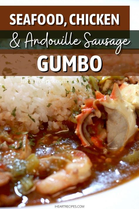 Seafood, Chicken and Andouille sausage gumbo with two kinds of shrimp, Alaskan king crab, spicy sausage, and more! This recipe is hearty and flavorful - a perfect comforting stew. Gumbo Recipe Crab, Sausage Chicken Shrimp Gumbo, Crab Shrimp Chicken Sausage Gumbo, Chicken And Seafood Gumbo, Crab Gumbo Recipe, Shrimp And Chicken Gumbo, Crab Gumbo, Shrimp Gumbo Recipe, Homestyle Recipes