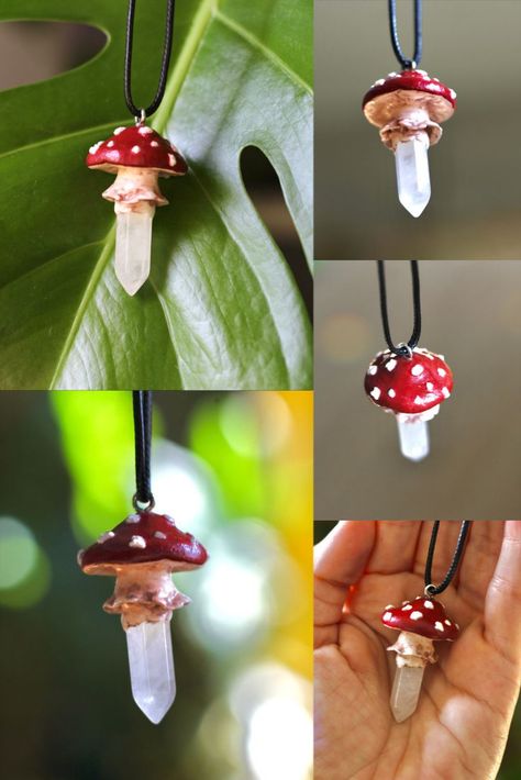 Crystal Mushroom Necklace Clay Diy, Clay And Crystal Jewelry, Polymer Clay Crystal Jewelry, Clay Pendant Ideas, Air Dry Earrings, Clay With Crystals, Clay Crafts Mushroom, Things To Make With Polymer Clay, Mushroom Crafts Diy