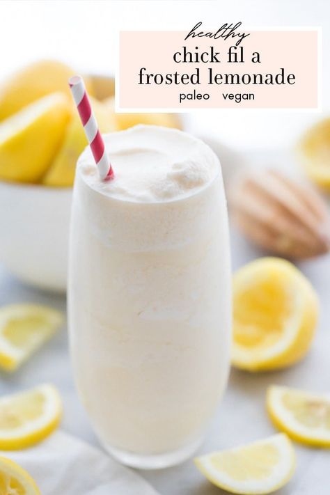 This healthy Chick Fil A frosted lemonade recipe is totally life changing. Paleo and vegan, this summer treat is creamy, tangy, and refreshing, without ice cream! Dairy free and easy, the whole family will love this - guilt free! #healthy #paleo #vegan #chickfila #summer #healthy #desserts #recipe #dairyfree Healthy Frosted Lemonade, Frosty Lemonade Recipe, Healthy Summer Cocktails, Summer Paleo Recipes, Vegan Frosty, Healthy Lemon Recipes, Chick Fil A Frosted Lemonade, Paleo Vegan Recipes, Fruit Smoothies Healthy