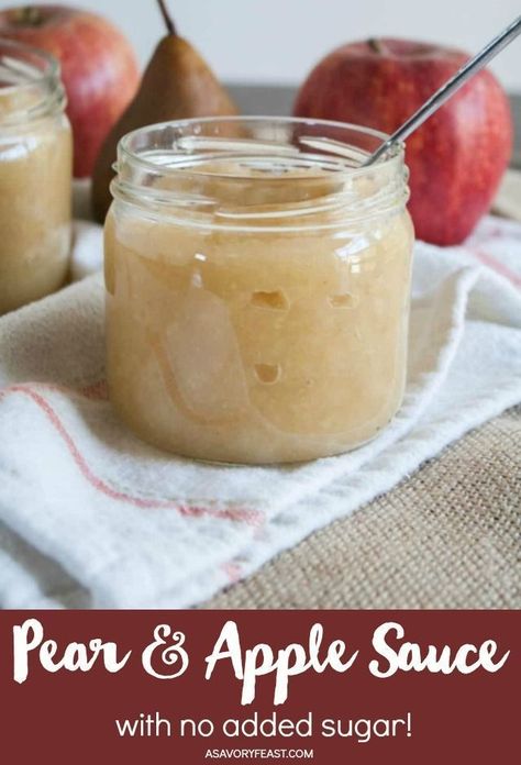 Kids and adults will love this healthy snack! Fresh apples and pears made into a homemade sauce with no added sugar. You won’t believe how easy this recipe is to make at home! Once you try it, you’ll never go back. Apples And Pears Recipes, Apple Pear Sauce, Pear Applesauce, Asian Pear Recipes, Pear Sauce Recipe, Canning Pears, Fruit Sauces, Pear Sauce, Pear Butter