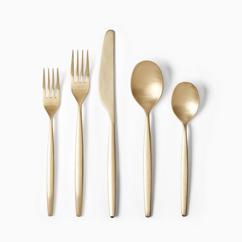 Sidney Flatware, 20-Piece, Gold Satin | West Elm Cutlery Set Stainless Steel, Gold Cutlery, Cheese Knife Set, West Elm Kids, Gold Flatware, Steak Knife Set, Cutlery Sets, Dinner Fork, Stainless Steel Flatware