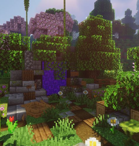 Overgrown Nether Portal Design, Overgrown Nether Portal Minecraft, Overgrown Nether Portal, Cute Nether Portal, Aesthetic Nether Portal, Overgrown Minecraft, Minecraft Overgrown, Minecraft Portal Design, Nether Portal Design