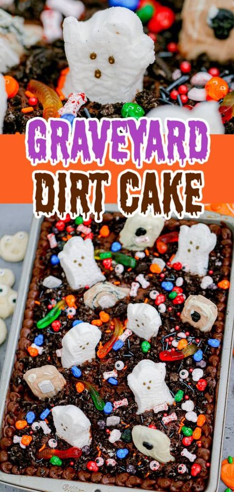 Dig into the spookiest treat of the season with this fun, easy, and homemade Halloween Graveyard Dirt Cake recipe! Perfectly simple, it's a chocolate dessert that's sure to be the hit of any Halloween party. This playful dirt cake transforms into a creepy-crawly graveyard, making it both a delightful Halloween food and an eye-catching centerpiece. Create unforgettable Halloween memories with this fun, simple, and delicious dessert. Halloween Graveyard Dirt Cake, Halloween Dirt Cake Recipe, Dirt Cake Graveyard, Grave Yard Dirt Cake, Tombstone Cake Ideas, Halloween Dump Cake, Halloween Cake Walk Ideas, Halloween Dirt Cake Graveyards, Halloween Dirt Cake Cups