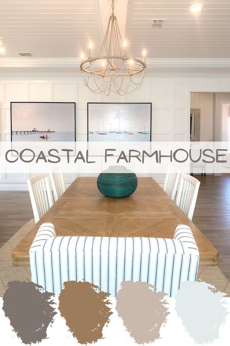 Beachy Dining Room Ideas, Coastal Farmhouse Colors, House Decor Inspiration, Costal Farmhouse, Florida Beach House Decor, Farmhouse Goals, Cottage Style Dining Room, Farmhouse Accent Wall, Weathered Wood Furniture