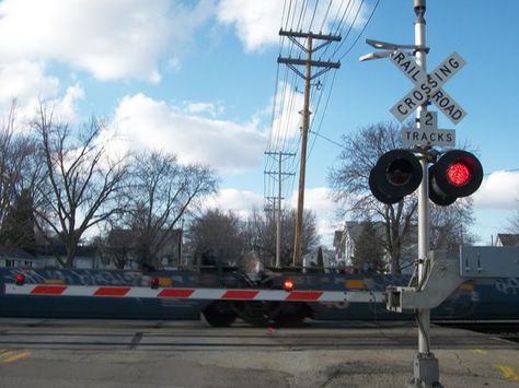 Railroad crossing gate with RECO LED's, Western-Cullen Hayes LED's and Type 2 0777 E-bells on North 9th Street in Rochelle, IL Procreate References, Railway Crossing, Railroad Lights, Gate Pictures, Train Crossing, Railroad Crossing Signs, Railroad Images, Railroad Crossing, Crossing Sign