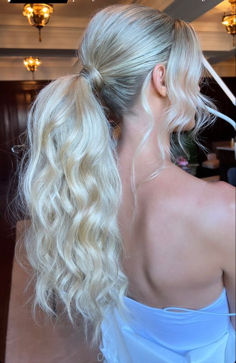 Prom Ponytail Hairstyles Straight, Hair Curled In Ponytail, Cute Prom Ponytail Hairstyles, Prom Hair Side Ponytail, Low Ponytail Hairstyles For Prom, Prom Hairstyles White Women, Prom Curled Ponytail, Hair Up Prom Styles Ponytail, Slick Back Ponytail Homecoming Hair