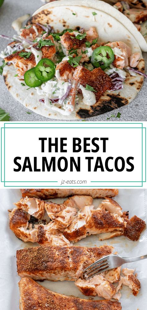 Blackened Salmon Tacos Salmon Soft Tacos, Salmon Tacos With Avocado Crema, Spicy Salmon Tacos, Salmon Recipes Tacos, Blackened Salmon Tacos Recipe, Crispy Salmon Tacos, Salmon Taco Recipes, Salmon Tacos Recipe Easy, Smoked Salmon Tacos