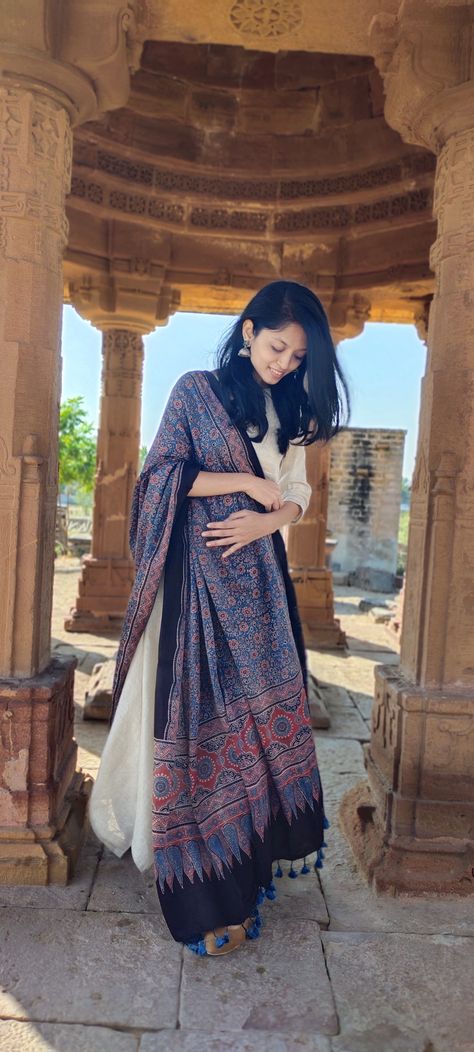 A historic textile tradition that is believed to be almost 5000 years old, Ajrakh hand-printing has stood the test of time in the craft communities of Kutch. A popular folklore suggests that the name Ajrakh was derived from a colloquial phrase Aj-rakh, meaning 'keep it today', which alludes to the laborious resist-dyeing process that would take days to complete. Give your wardrobe an upgrade with our gorgeous INDIGO BLUE VEGETABLE DYED AJRAKH HAND BLOCK PRINTED GAJJI SILK DUPATTA. Indigo Dupatta, Gajji Silk Dupatta, Ajrakh Dupatta, Blue Vegetables, Resist Dyeing, Hand Printing, Printed Dupatta, Boutique Dress Designs, Creative Pictures