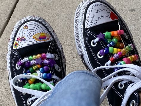 havent posted in 4evr so here r my cool converse, enjoy :p #converse #beads #kandi #rainbow Beads On Converse, Converse Beads, Kandi Shoes, Beaded Converse, Pride Converse, Converse Rainbow, Converse Ideas, Rainbow Converse, Cool Converse