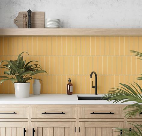 Yellow Tile Kitchen, Yellow Kitchen Tiles, White Ikea Kitchen, Mcm Kitchen, Small Bathroom Interior, Yellow Tile, Kitchen Backsplash Designs, Yellow Kitchen, Uk Kitchen