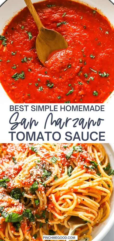 A simple and easy homemade San Marzano Tomato sauce that is full of rich, luscious Italian flavors. This 2-step sauce recipe is going to be your new favorite. Use it on pasta, pizza, or even chicken parmesan! Best Italian Tomato Sauce Recipe, San Marzano Tomatoes Recipes, San Marzano Tomato Sauce Recipes, Italian Red Sauce Recipe, Tomato Sauce For Meatballs, Red Sauce Pasta Recipe, Pasta Sauce Recipes Tomato, San Marzano Tomato Sauce, Red Sauce Recipe