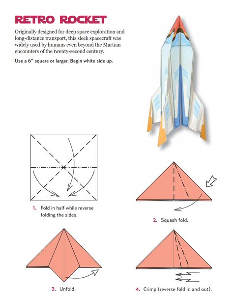 Learn to fold a Retro Rocket for World Space Week! - Tuttle Publishing Space Origami, Planet Display, Origami Space, Origami 2d, Origami Rocket, World Space Week, Paper Rocket, Paper Rockets, Space Week