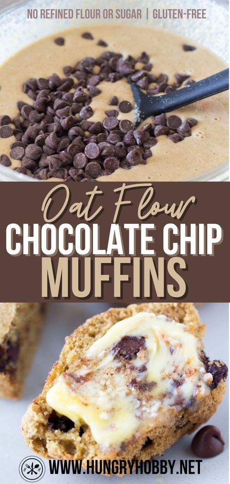 These oat flour chocolate chip muffins are made without any refined flour or sugar, for a healthier option packed with plenty of chocolate! #oatflour #muffins #healthymuffins #chocolatechipmuffins… More Oat Muffins Healthy, Gluten Free Chocolate Chip Muffins, Healthy Chocolate Chip Muffins, Oatmeal Chocolate Chip Muffins, Choc Chip Muffins, Oat Flour Recipes, Chocolate Chip Muffin Recipe, Chocolate Chip Bread, Chocolate Banana Muffins