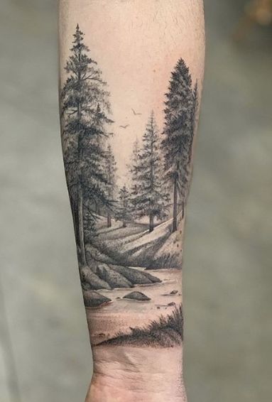 Campsite Tattoo Design, Mountain Tattoos Men, Realism Tree Tattoo, Sunset Sleeve Tattoo, Mens Nature Tattoo Sleeve, Parents Tattoo Ideas For Men, Opeth Tattoo, Forest Leg Tattoo, Outdoorsy Tattoos Nature