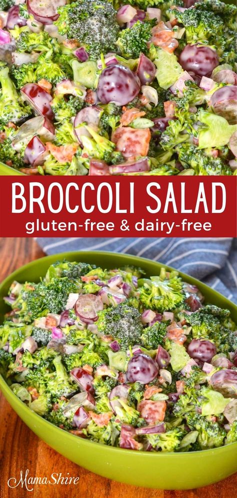 You'll love this easy to make broccoli salad with grapes. With red onions and bacon added this salad is bursting with flavor. Healthy and delicious! Gluten-free and dairy-free. #broccolisalad #broccolisaladwithgrapes #broccoliwithbacon #glutenfreedairyfree Broccoli Salad With Grapes, Dairy Free Thanksgiving Recipes, Dairy Free Thanksgiving, Salad Recipes Gluten Free, Gluten Free Recipes Side Dishes, Salad With Grapes, Dairy Free Appetizers, Dairy Free Salads, Gluten Free Salads