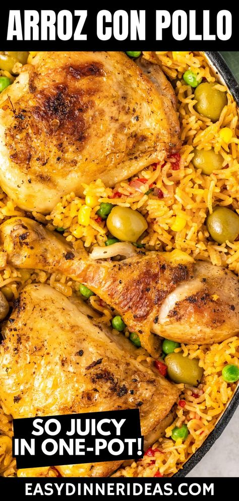 Arroz con Pollo, or Spanish chicken and rice, is a classic Latin American one-pot dinner that's full of flavor, texture, and color. Juicy chicken and yellow rice are simmered until tender with an abundance of fresh veggies. It's a perfect dish to introduce your family to new flavors and cuisine! Goya Chicken And Rice, Colombian Chicken And Rice, Panamanian Chicken And Rice, Slow Cooker Chicken And Yellow Rice, Dutch Oven Chicken And Rice One Pot, Chicken And Rice Spanish Style, Chicken With Yellow Rice Recipes, Easy One Pot Chicken And Rice, Chicken And Yellow Rice Oven