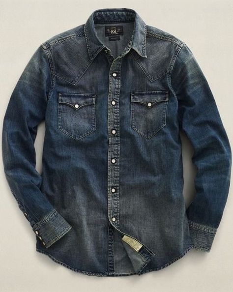 Ralph Lauren Denim Shirt, Denim Western Shirt, Western Denim Shirt, Ralph Lauren Slim Fit, Denim Shirt Men, Slim Fit Casual Shirts, Ralph Lauren Denim, Men Shirt Style, Western Shirt