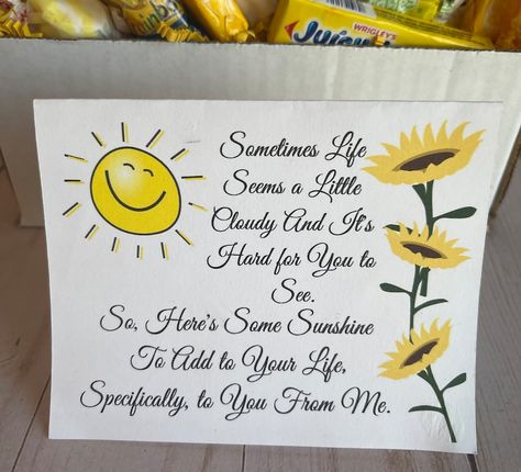 Sunshine Care Package. Happiness in A Box for Anyone. - Etsy Sunshine Box Ideas, Basket Of Sunshine, Sunshine Care Package, Sunshine Box, Homemade Gift Baskets, Box Of Sunshine, Cheer Up Gifts, College Care Package, Care Packages