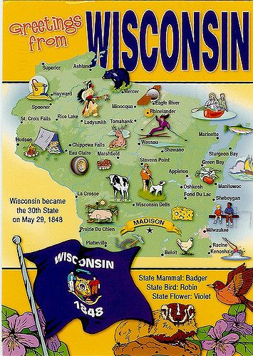 Wisconsin | 50 State Challenge On back: Greetings From Wisco… | Flickr Brookfield Wisconsin, State Posters, Pictorial Maps, Wisconsin State, Wisconsin Travel, Wisconsin Dells, Madison Wisconsin, Milwaukee Wisconsin, Milwaukee Wi