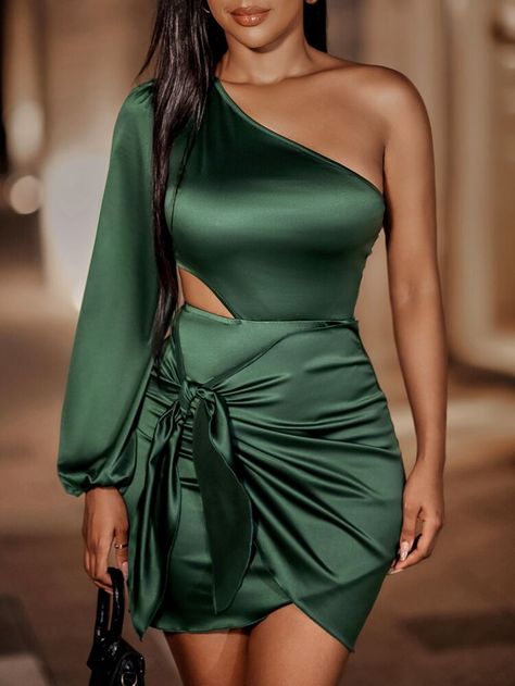 One Shoulder Cut Out Knot Front Satin Bodycon Dress | SHEIN Party Dresses For Women Night Classy, Short Dresses Party Night, Short Dresses Party, Classy Short Dresses, Satin Bodycon Dress, Dinner Dress Classy, Dress Party Night, Elegant Dresses Classy, فستان سهرة