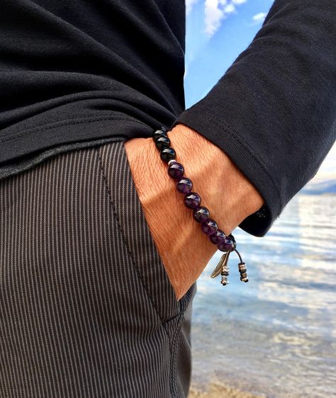 Men's Recovery Mala Bracelet | AAA Luxury Grade Natural Gems | Amethyst |Black Onyx | Best Men’s Mala Beads Mens Mala Necklace, Recovery Bracelet, Healing Design, Kaito Momota, Bracelets Luxury, Small Bead Bracelet, Mala Beads Bracelet, Energy Therapy, Wrist Mala