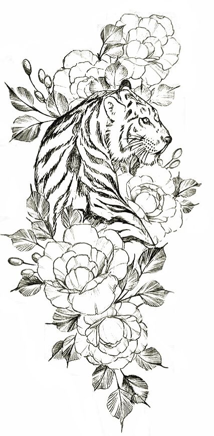 Tiger And Lotus Flower Tattoo, Tiger And Floral Tattoo, Tiger In Flowers Tattoo, Tiger And Flowers Tattoo Design, Tiger Lotus Tattoo, Tiger And Flower Tattoo, Tiger With Flowers Tattoo, Botanical Tattoo Sleeve, Cobra Tattoo