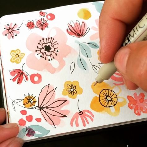 Easy watercolor flower                                                                                                                                                                                 More Watercolour Simple, Ohn Mar Win, Simple Watercolor Flowers, Arte Doodle, Drawing Flowers, Mail Post, Piece Of Paper, 수채화 그림, Sketchbook Pages