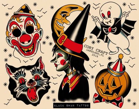 Halloween Tattoo Designs | + best ideas about Halloween Tattoo on Pinterest | Traditional tattoo ... Old School Halloween, Halloween Tattoo Flash, Tattoo Halloween, Pumpkin Tattoo, Craft Halloween, Etsy Halloween, Clown Tattoo, School Halloween, Witch Tattoo