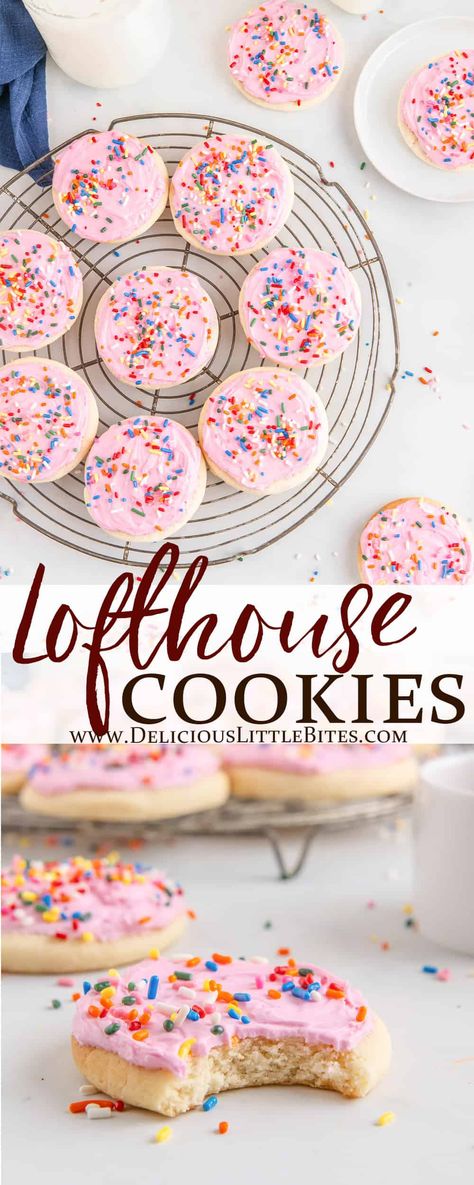 Lofthouse Cookies are soft, fluffy, sweet, melt in your mouth sugar cookies. They are frosted with a creamy, smooth, rich and sweet, buttercream frosting and finished off with sprinkles for that signature Lofthouse cookie look. | #lofthousecookies #sugarcookies #copycatrecipe #cookies #baking Loft House Cookies, Lofthouse Sugar Cookies Recipe, Sweet Buttercream Frosting, Cooking Therapy, Cookie Frosting Recipe, Lofthouse Sugar Cookies, Lofthouse Cookies, Tollhouse Cookies, House Cookies